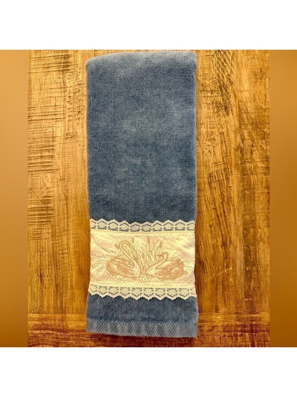 Fieldcrest Lustre Decorative Hand Towel Blue with Satin and Lace Swan Border Vtg